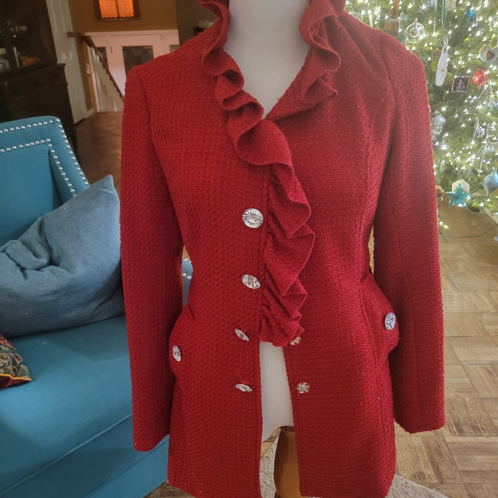 Chic Red Ruffle Blazer